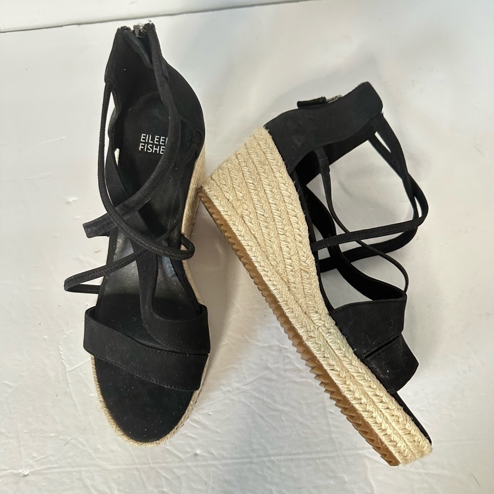 Eileen Fisher Black Wedge Sandals Espadrilles straps zipper back low heel  sz 8
